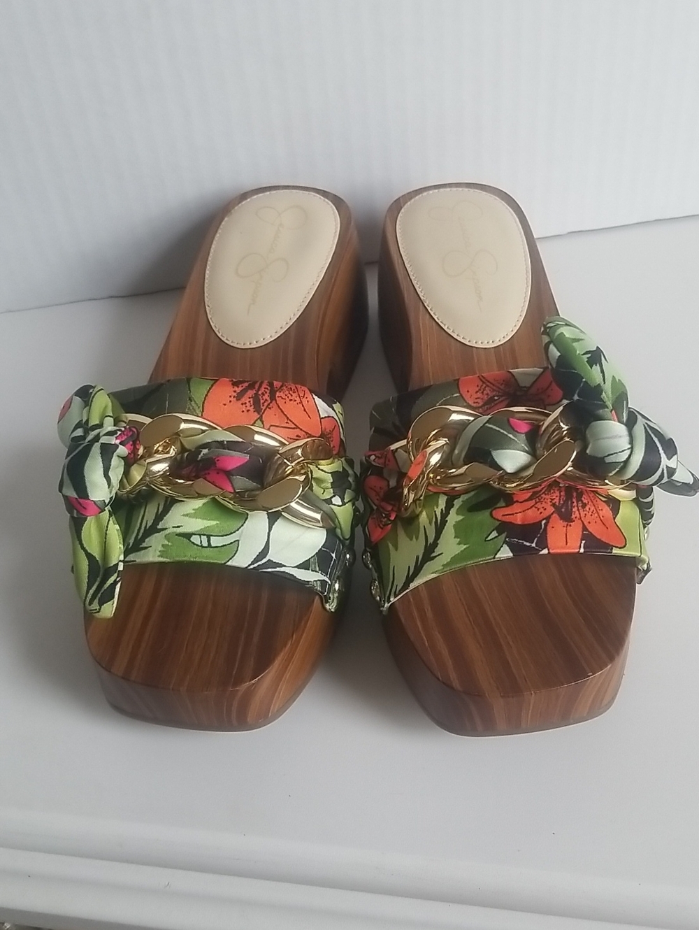 Floral Green Chain-Accent Women's Slide Sandals